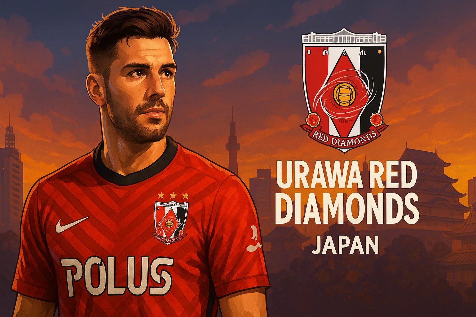 Urawa Reds player in AI fan art style, wearing a red home kit with Saitama Stadium atmosphere. Urawa Red Diamonds AI fan image.