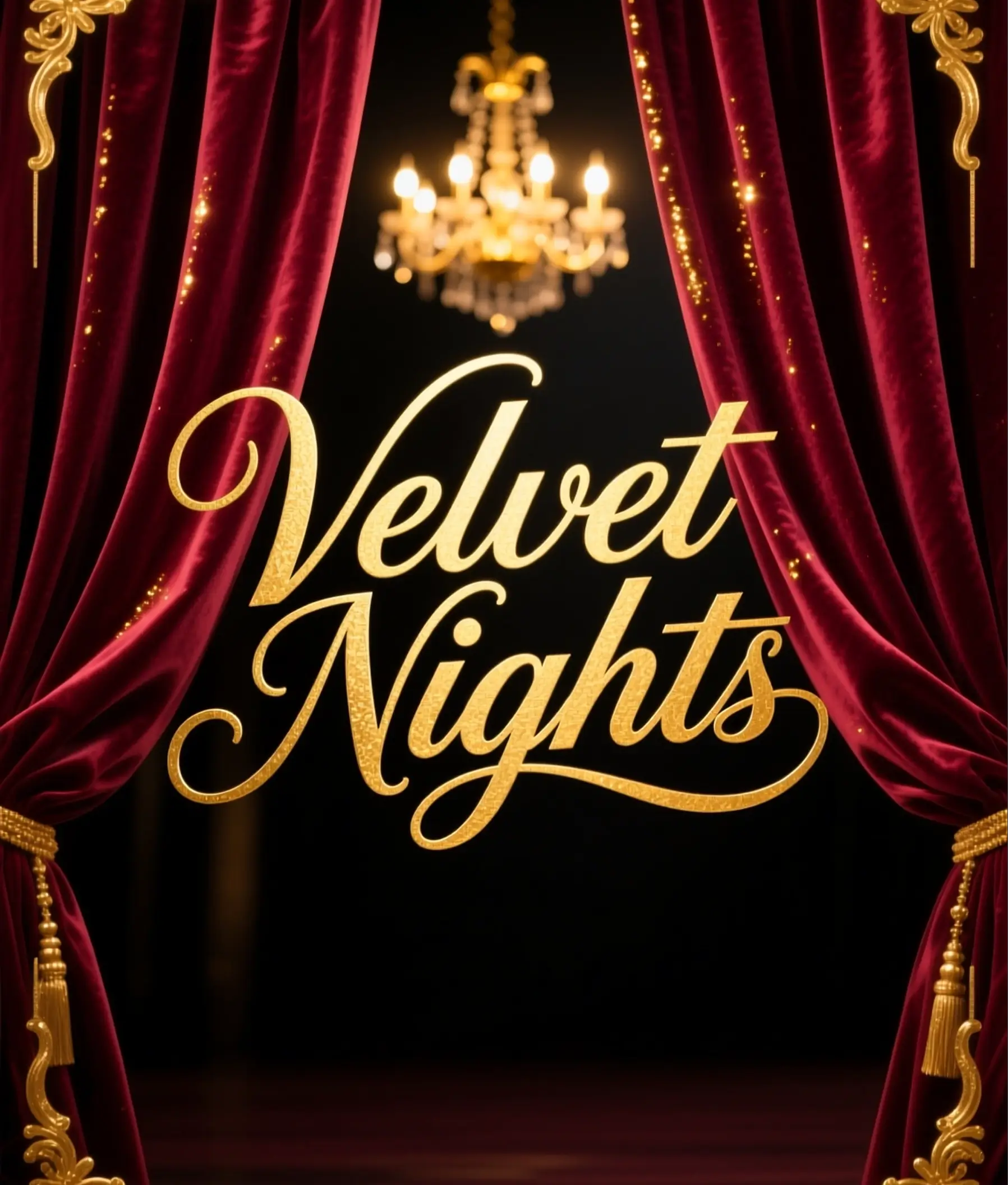 Elegant album cover Velvet Nights with golden script typography, red velvet curtains, and chandelier.