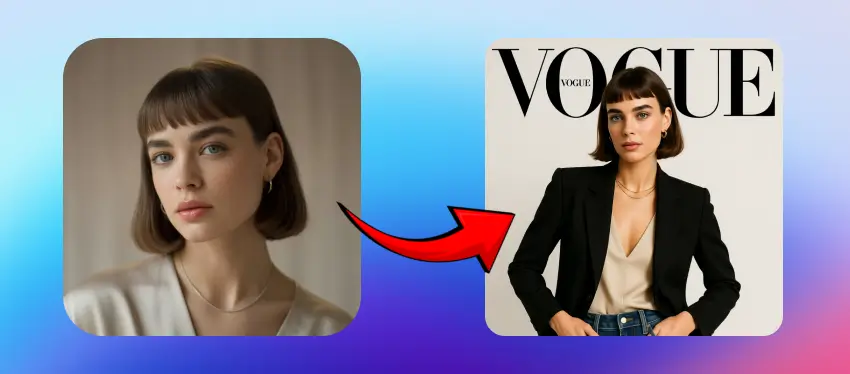 Before-and-after view of a woman with a natural look on the left, transformed into a high-fashion Vogue magazine cover model on the right, wearing a black blazer with professional styling, illustrating Nano Banana's creative image editing abilities