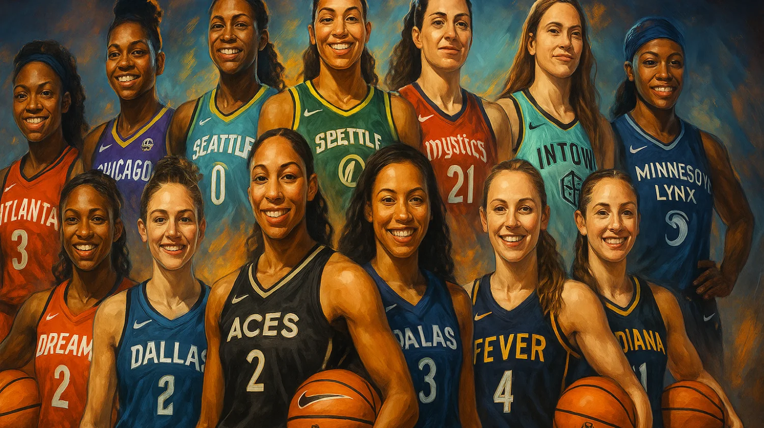 A digitally illustrated WNBA player in a navy jersey holding a basketball, standing confidently in front of a glowing AI symbol and futuristic background with gold and dark tech-inspired accents.