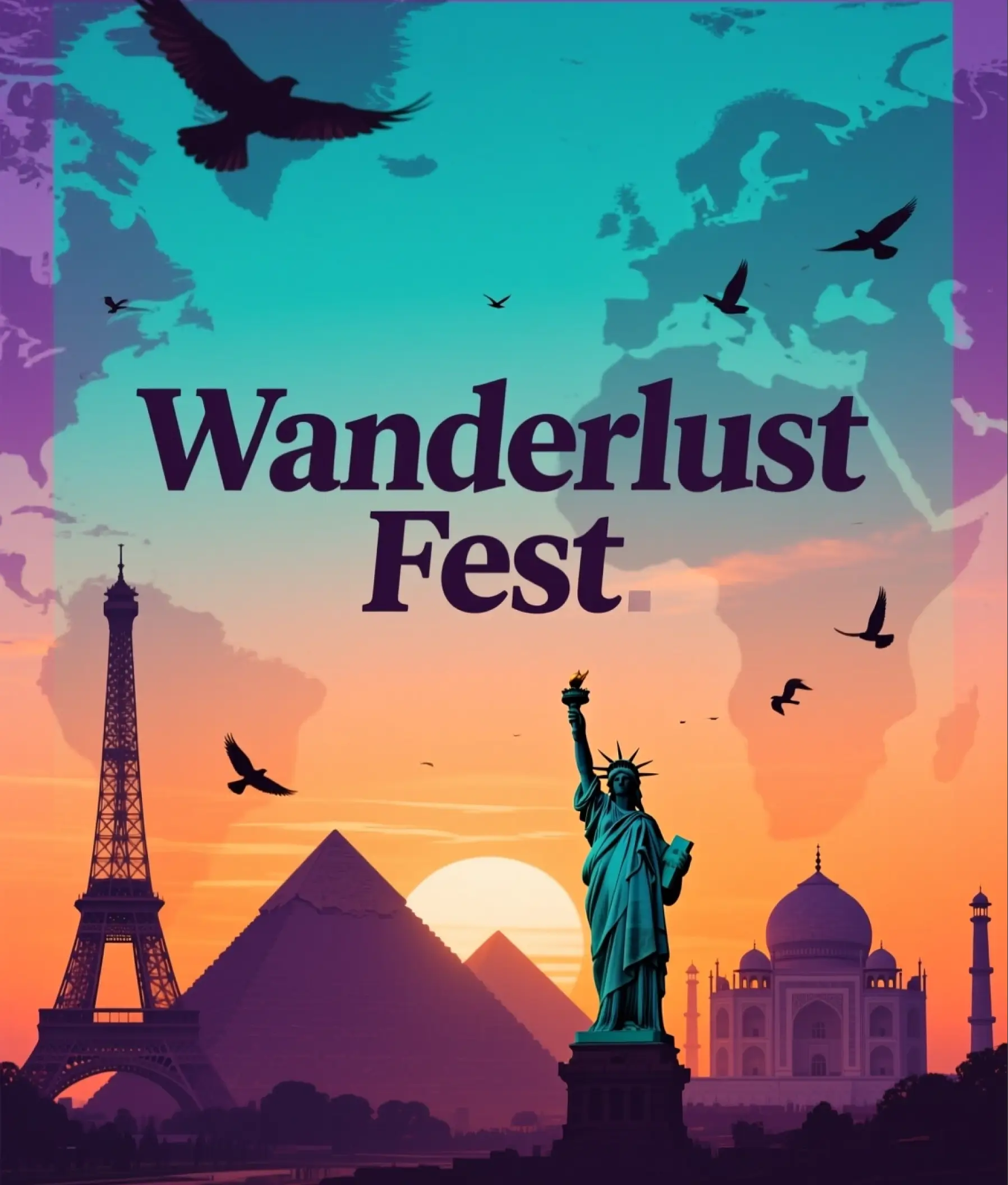 Wanderlust Fest flyer featuring global landmarks like Eiffel Tower, Statue of Liberty, Pyramids, and Taj Mahal under a sunset sky.