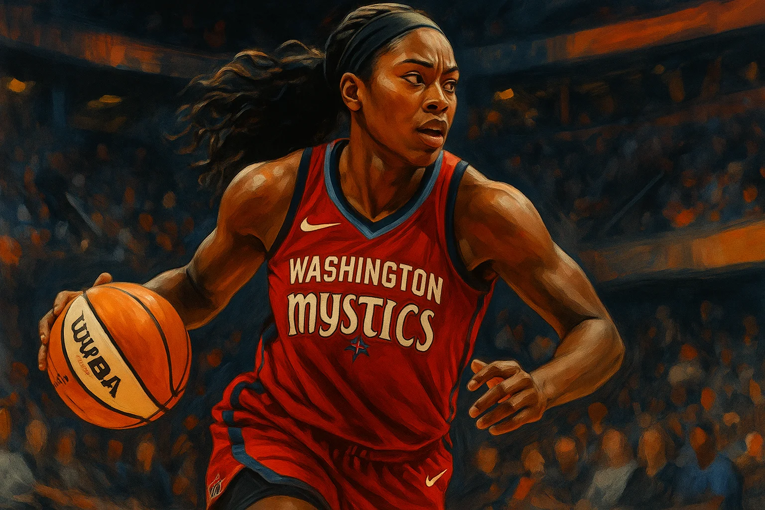 A Washington Mystics player dribbling under stadium lights, wearing a red jersey with “Mystics” branding, surrounded by a blurred crowd.