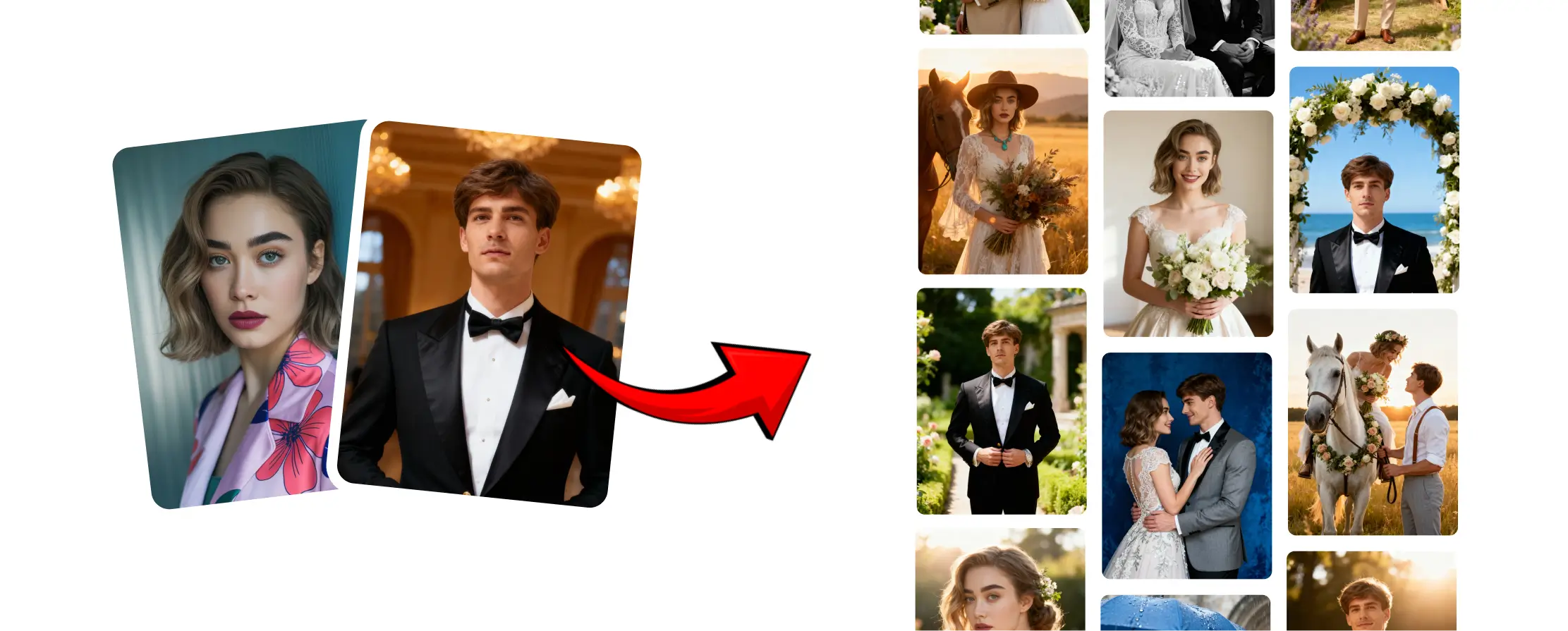 AI wedding shoot example showing bride and groom photos converted into multiple realistic wedding styles