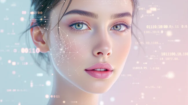 Close-up of a young woman's attractive face with digital glowing lines and subtle binary code overlaid, symbolizing artificial intelligence or digital enhancement around her features.
