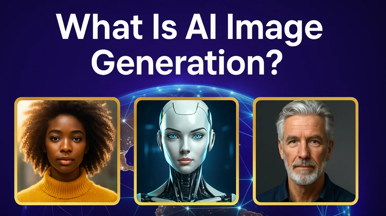 A vibrant digital thumbnail showcasing AI image generation with glowing abstract faces, neural network patterns, and camera icons on a dark tech background.