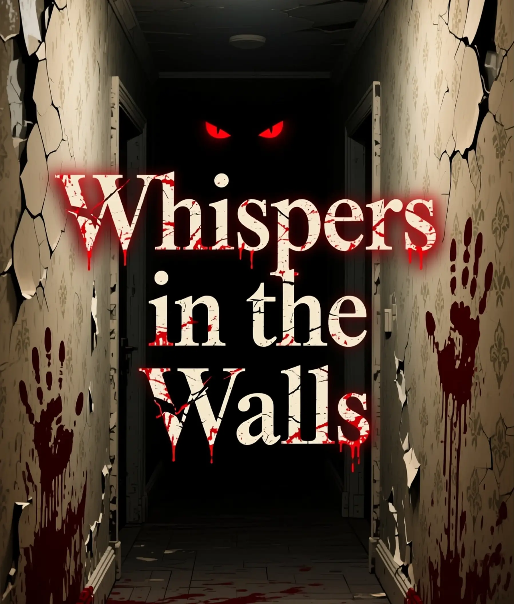 Horror book cover Whispers in the Walls by Damien Cole featuring creepy hallway, blood handprints, and glowing red eyes.