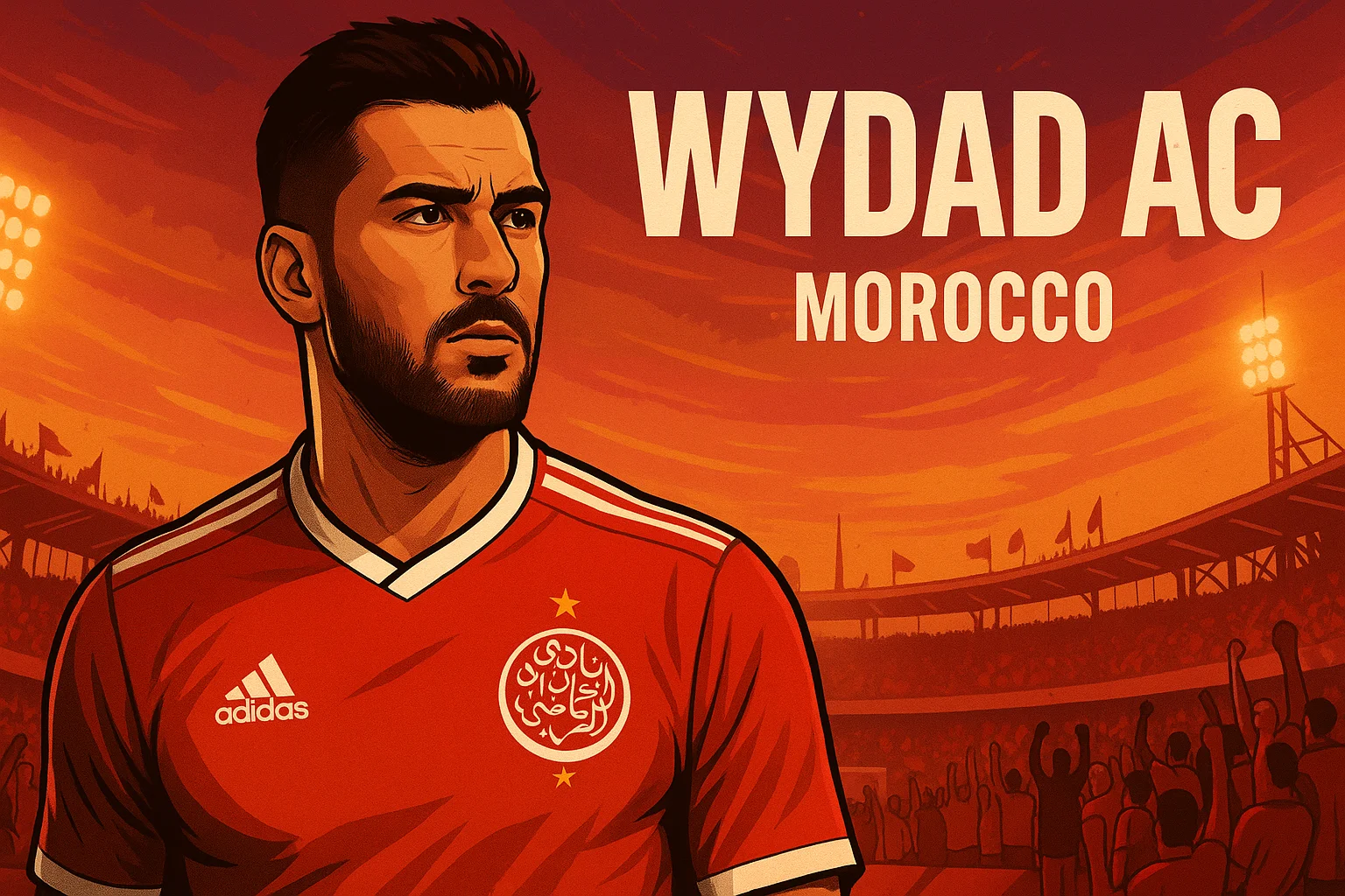 Wydad Casablanca player shown in red AI artwork, set against a glowing North African stadium. Wydad AC AI football fan art.