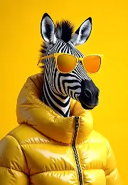 AI-generated funky zebra wearing a puffer yellow jacket and stylish orange sunglasses against a yellow backdrop