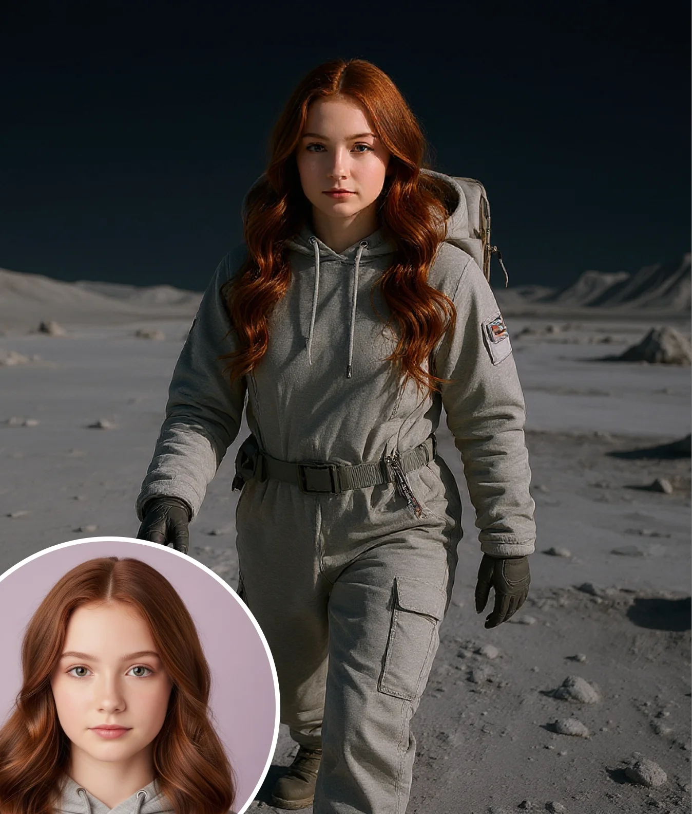 Portrait of a determined young girl in a space-inspired outfit, generated with Adventure Generator AI.