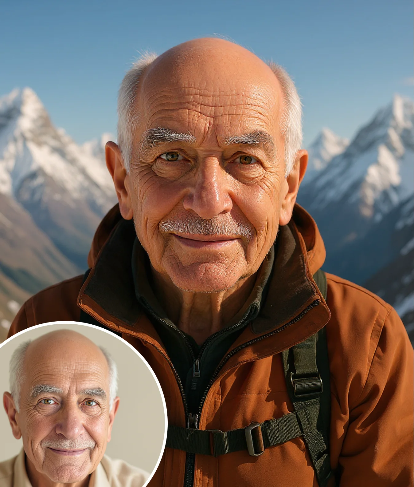 Smiling elderly man in mountain adventure gear, created through AI Adventure Generator transformation.