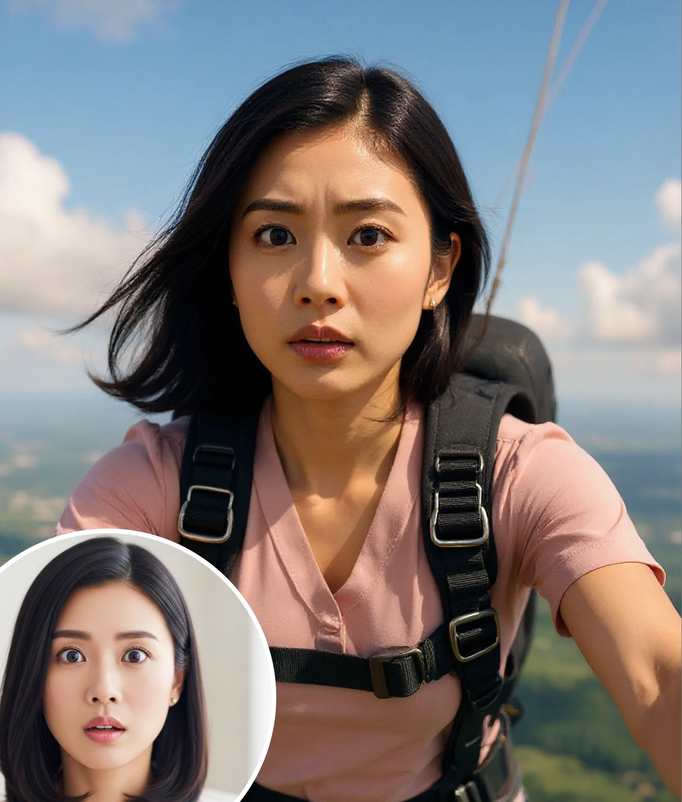 Portrait of a young woman looking fearful with backpack straps, generated using AI Adventure Generator.