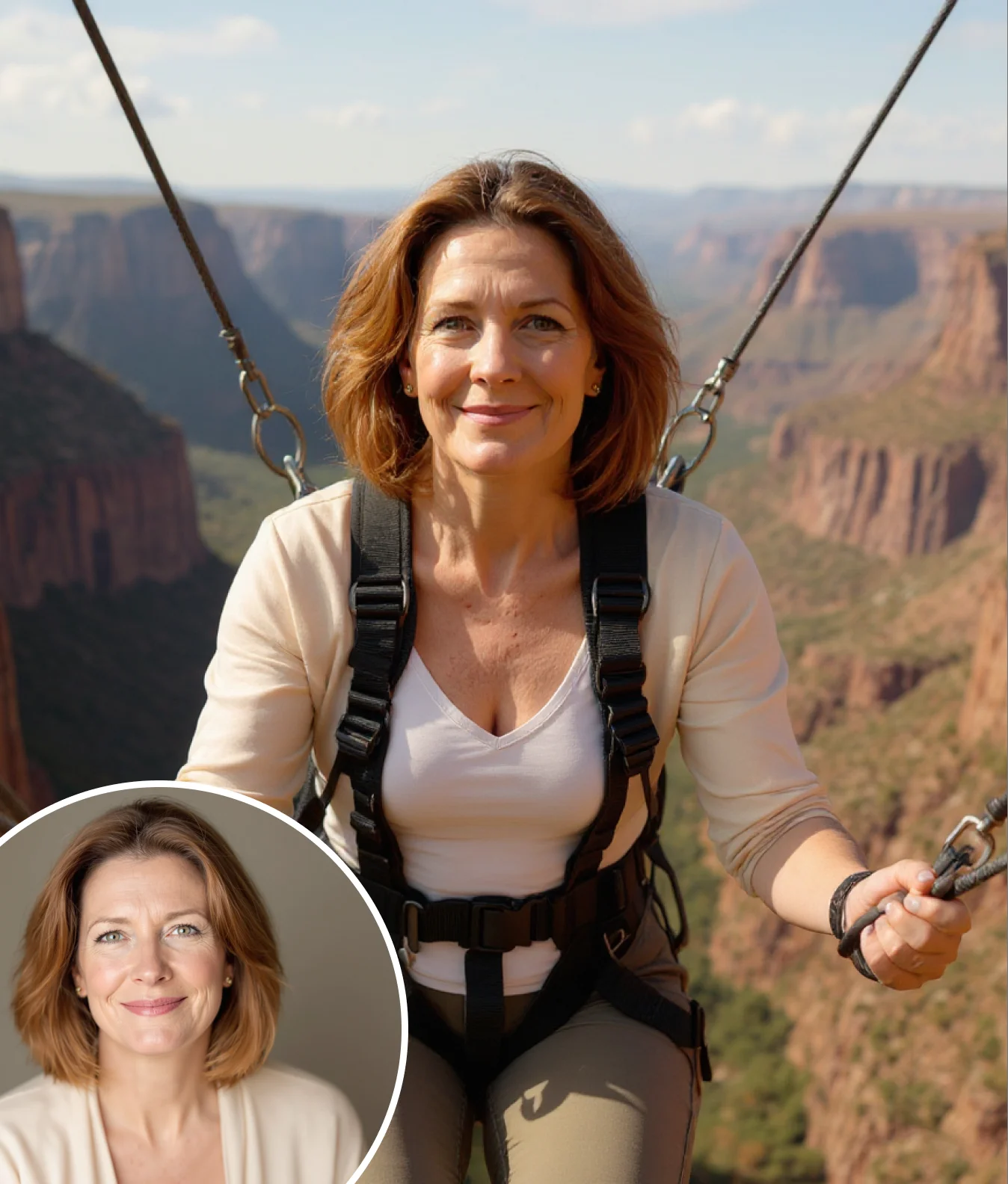 Smiling middle-aged woman wearing adventure harness, transformed using AI Adventure Generator.