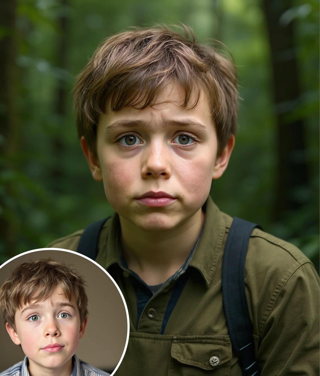 Realistic AI-generated portrait of a concerned young boy in forest attire, ideal for AI Adventure Generator.