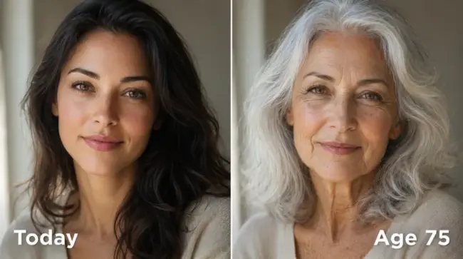 Side-by-side AI age progression portrait showing the same woman today and at age 75, with preserved facial features, silver hair, natural wrinkles, and soft window light.
