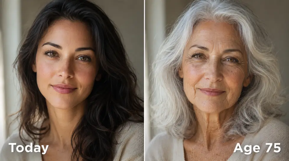 Side-by-side AI age progression portrait showing the same woman today and at age 75, with preserved facial features, silver hair, natural wrinkles, and soft window light.