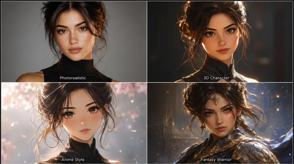 2x2 AI avatar collage showing the same woman transformed into photorealistic, 3D character, anime style, and fantasy warrior portraits.