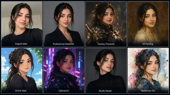 Eight-panel AI avatar transformation grid showing one original selfie and seven different portrait styles of the same woman, including professional headshot, fantasy character, oil painting, anime, cyberpunk, studio model, and watercolor art.