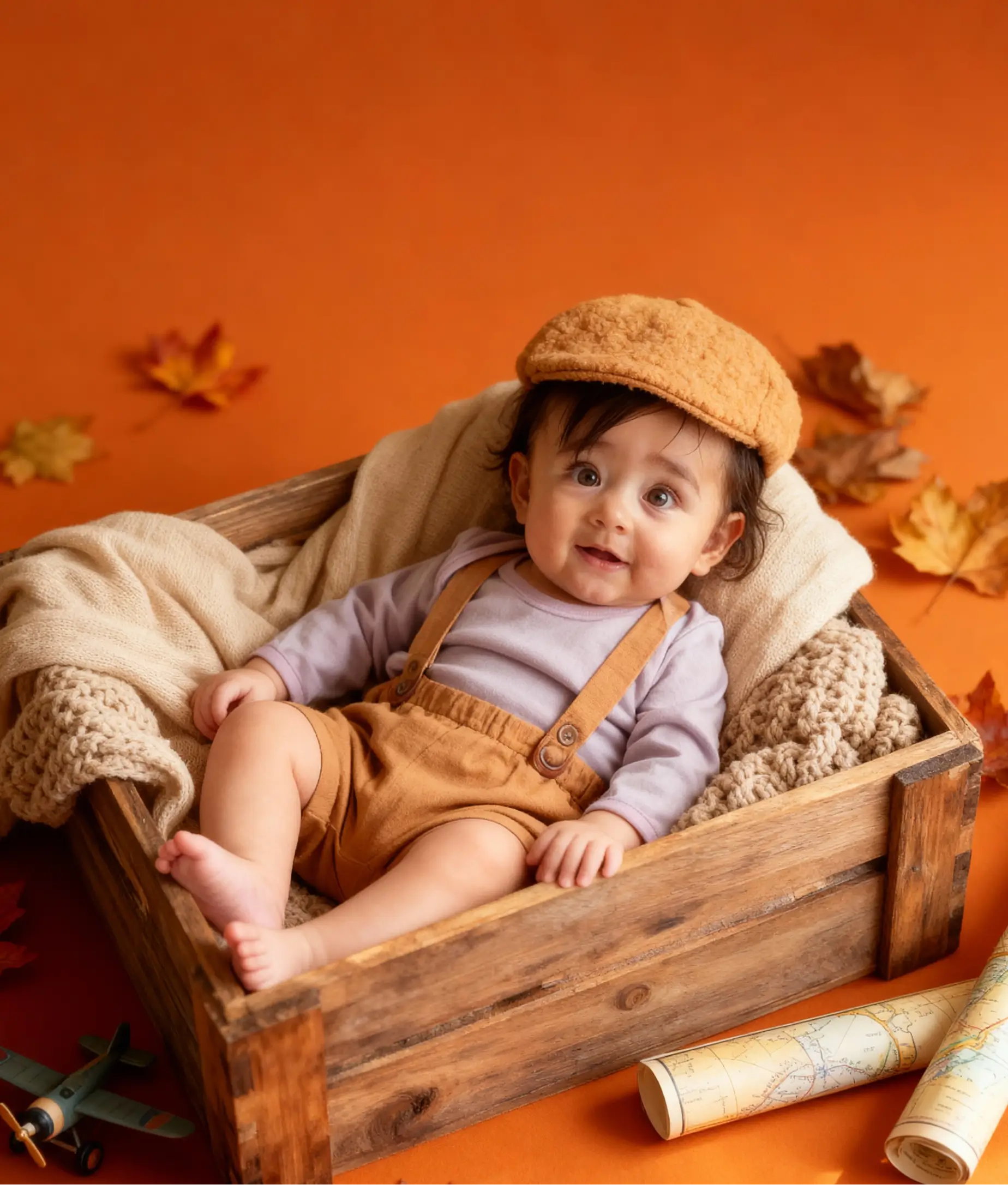 Baby sitting in a wooden crate during an autumn-themed AI Baby Shoot with warm orange background.