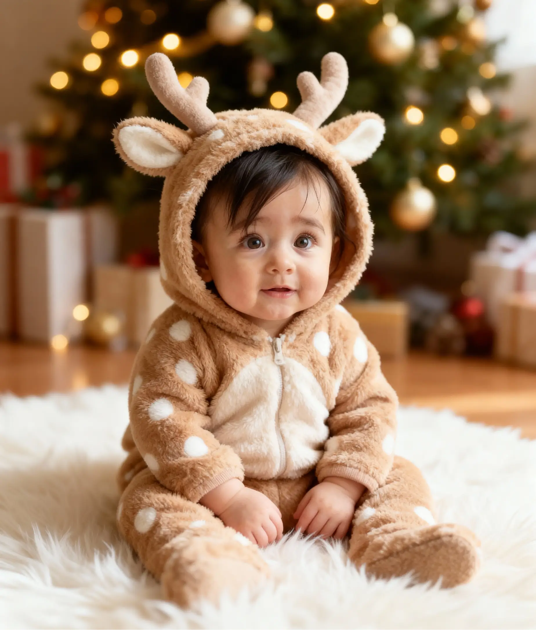 Baby dressed in a reindeer costume for a Christmas-themed AI Baby Shoot.