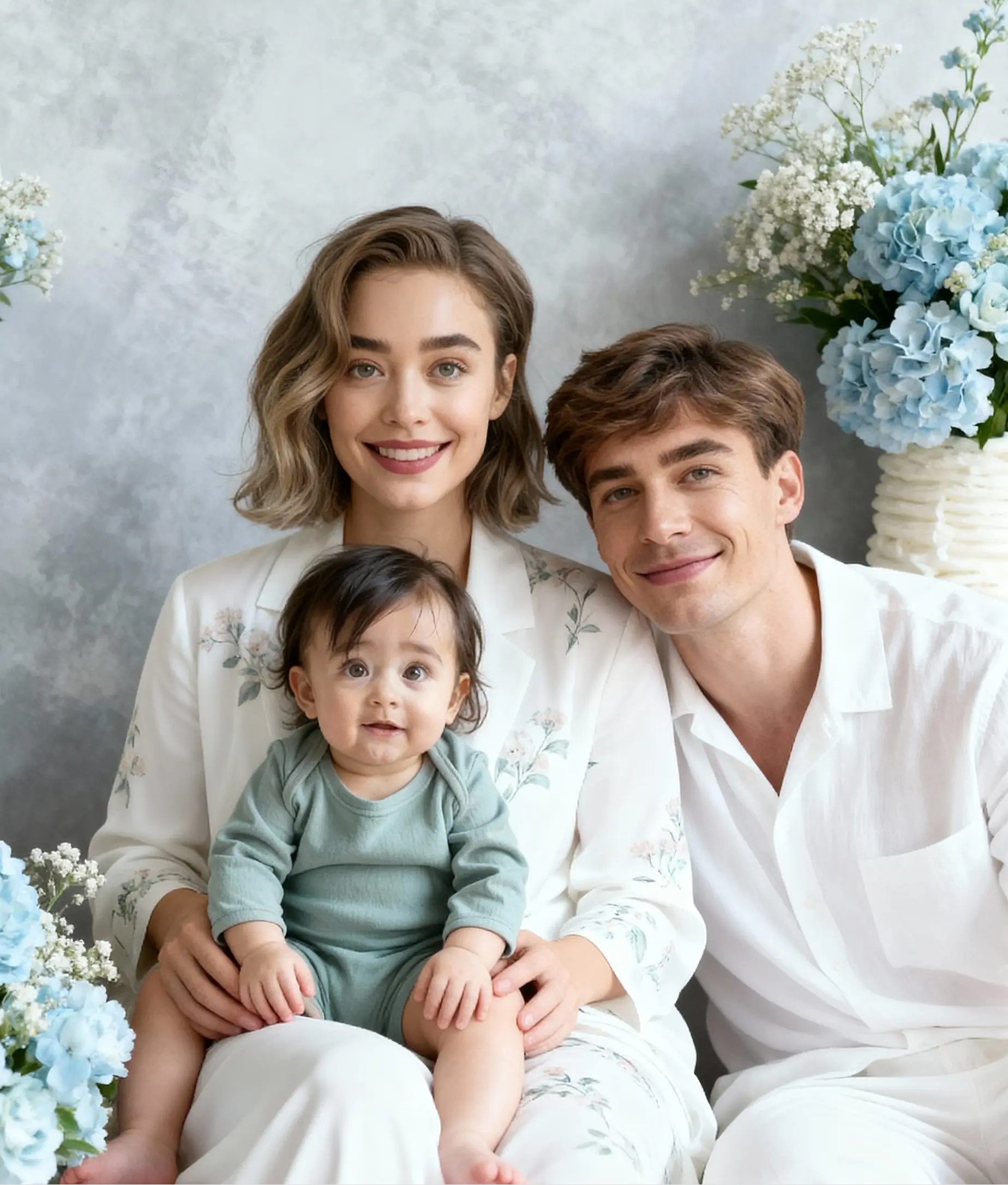Baby sitting with parents in a bright indoor floral setting during an AI Baby Shoot family portrait session.