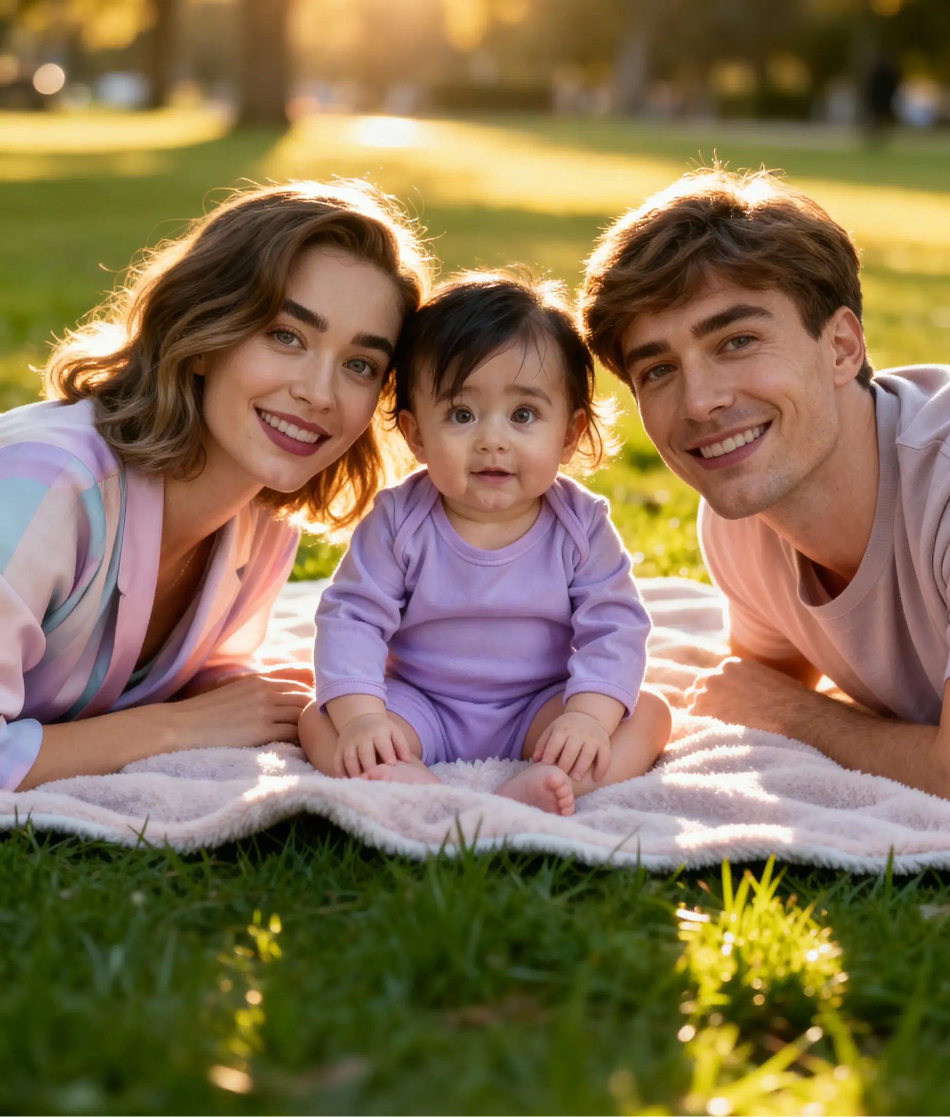 Baby sitting with parents on a picnic blanket in a sunlit park during an AI Baby Shoot outdoor session.