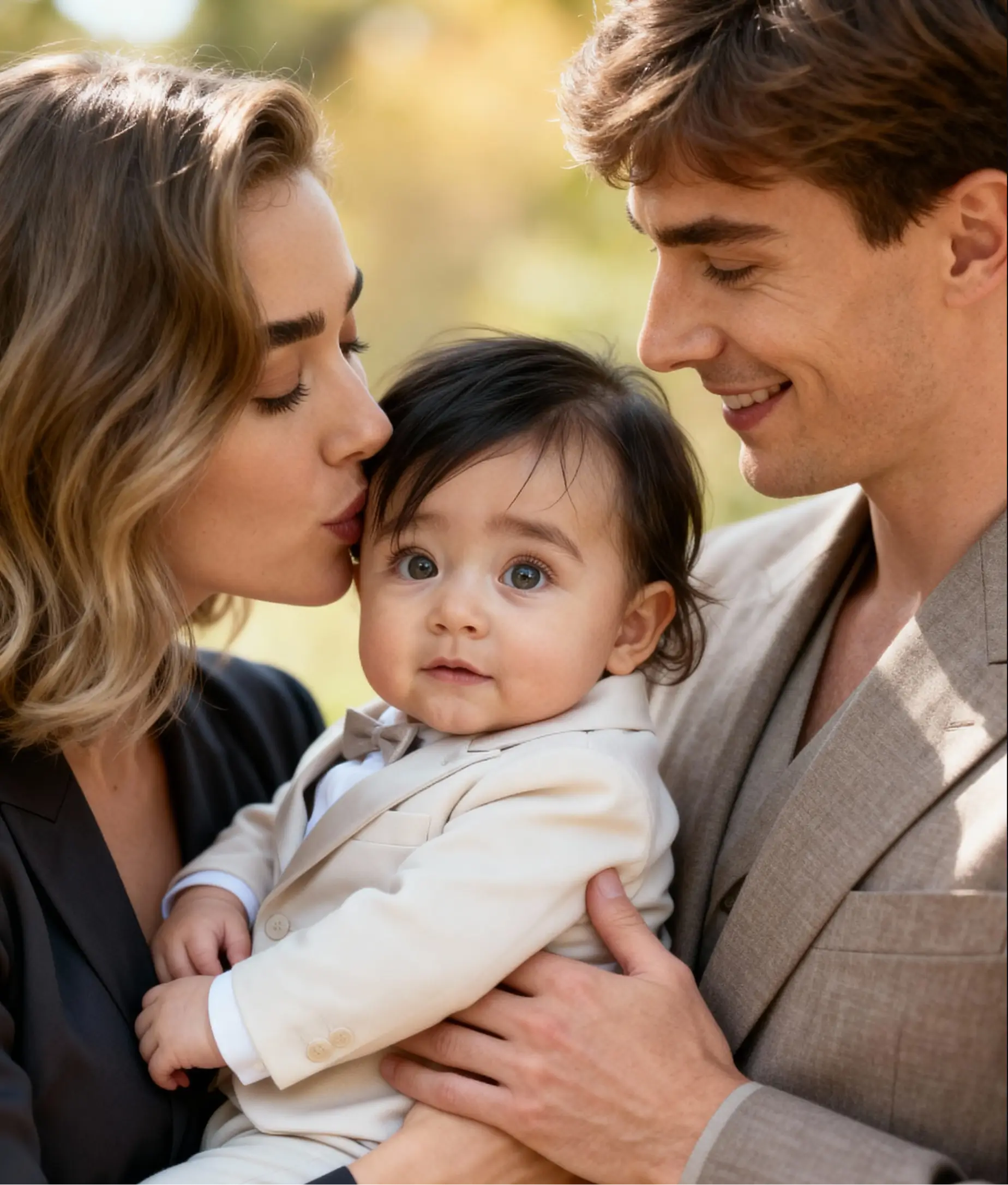 Parents holding and kissing their baby during a warm AI Baby Shoot portrait session.