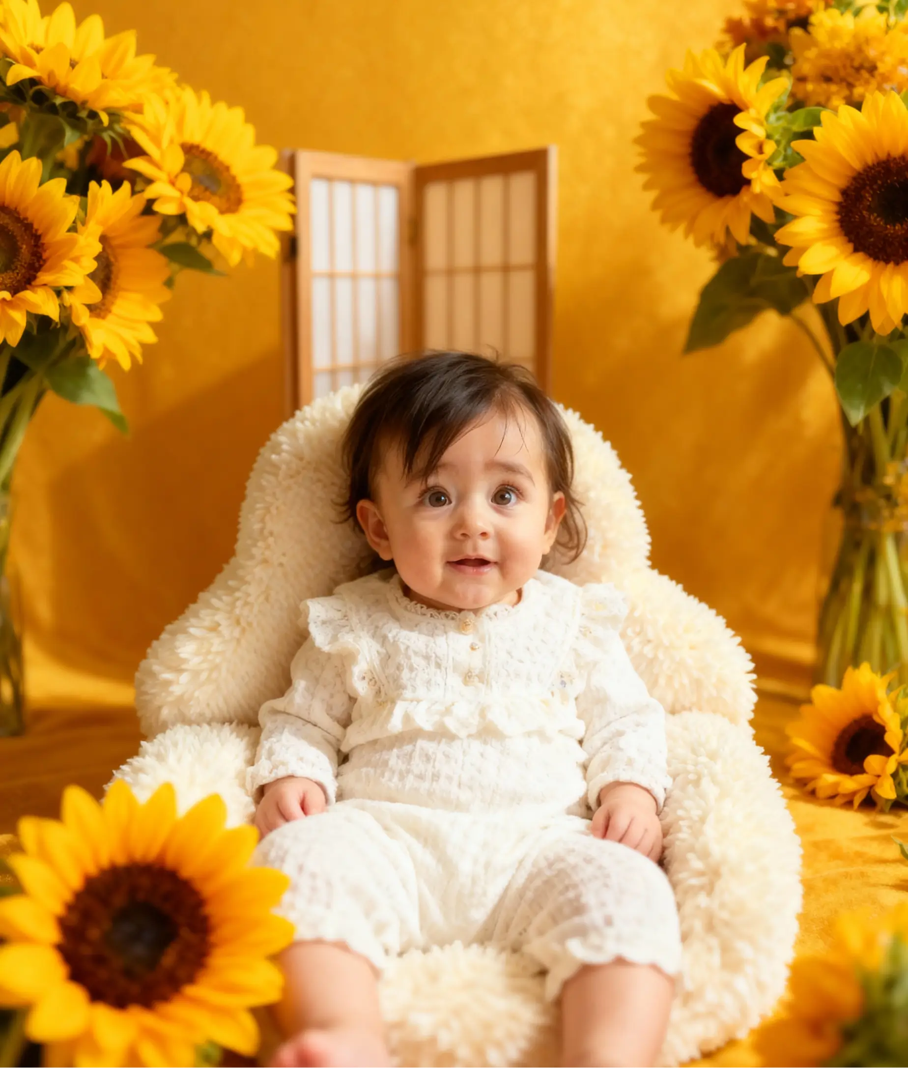 Baby smiling in a sunflower studio setup created with an AI Baby Shoot style.