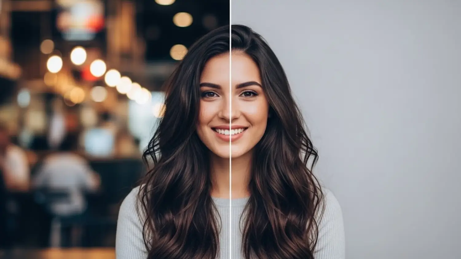 Comparison photo showing the result of an AI background remover. The image is split, with the left side showing a woman in front of a busy café background and the right side showing the same woman with the background cleanly removed, leaving a solid gray backdrop.