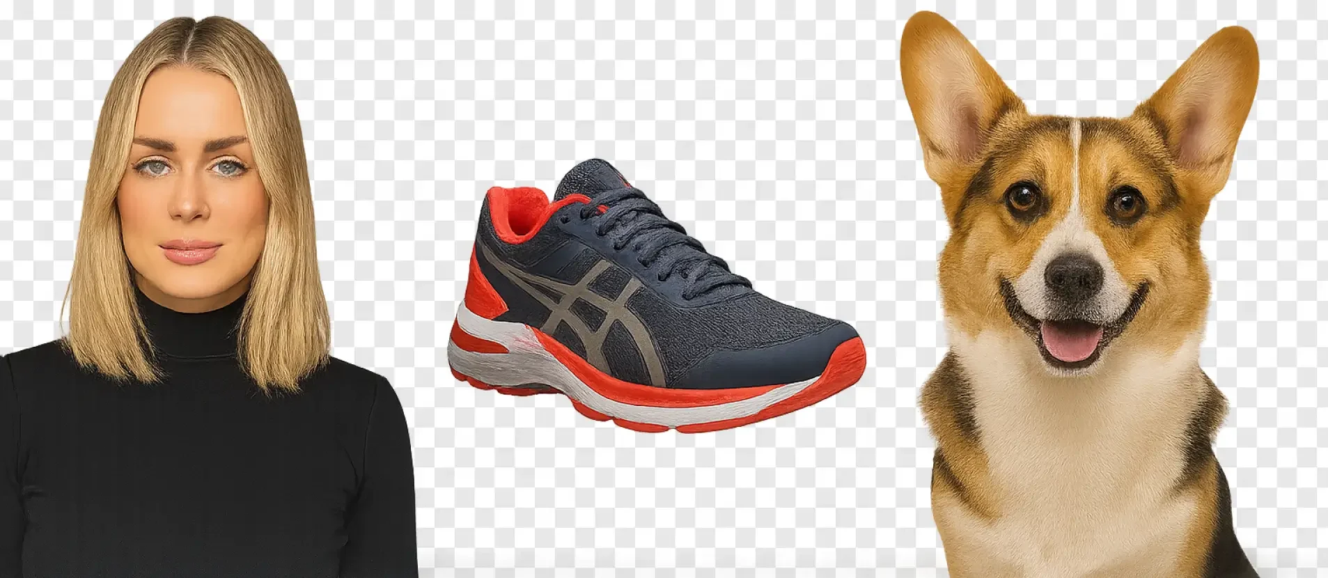 A collage image featuring three subjects—a woman, a sneaker, and a corgi dog—on a transparent background, showcasing the precise cutout capability of the AI Background Remover tool.