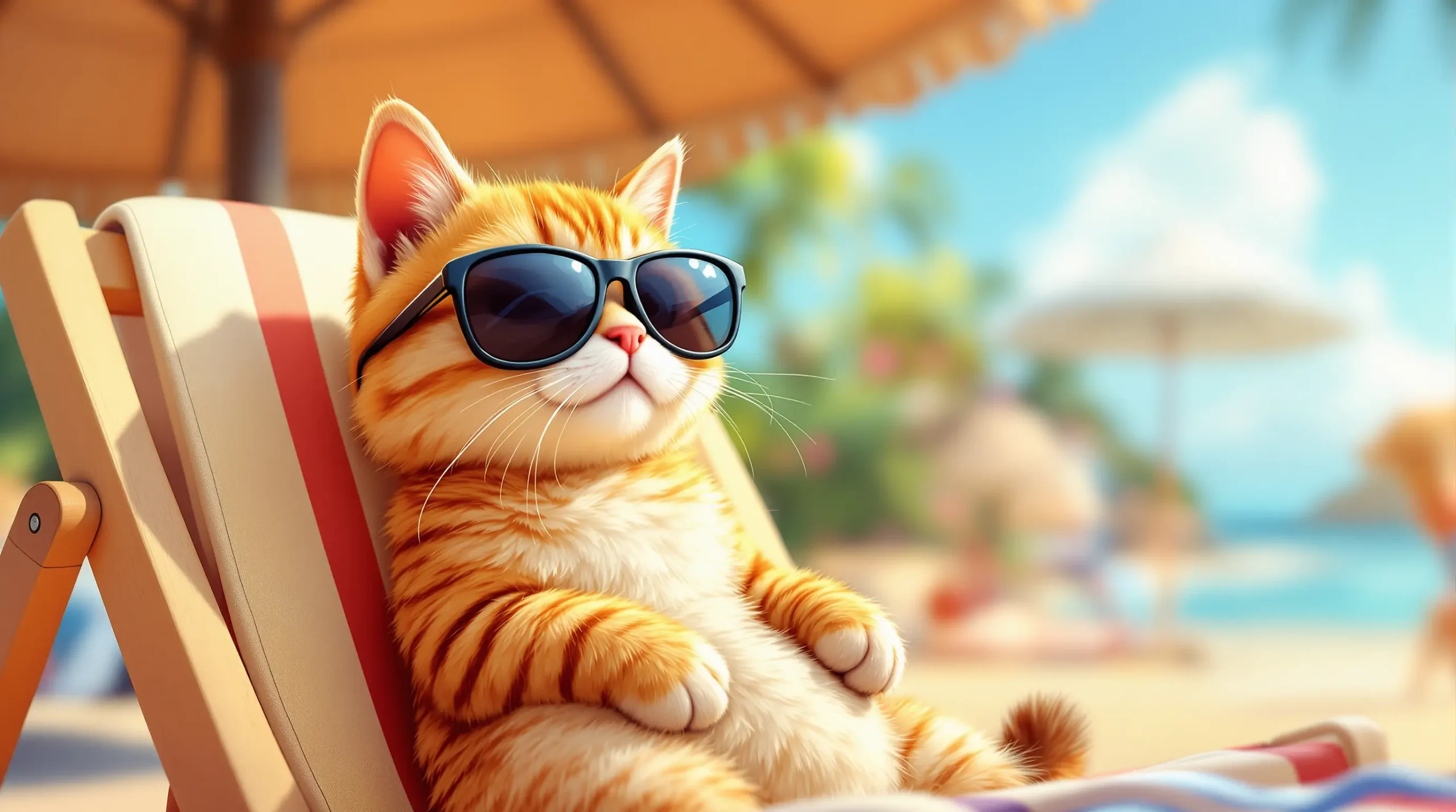 AI-generated cartoon-style image of an orange cat wearing sunglasses while relaxing on a beach chair under a sunny sky.