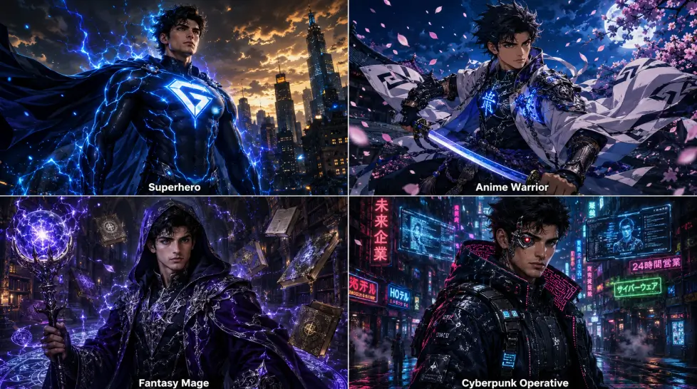 Four-panel AI character transformation grid showing the same young man as a superhero, anime warrior, fantasy mage, and cyberpunk operative, with consistent facial features across each cinematic fantasy style.