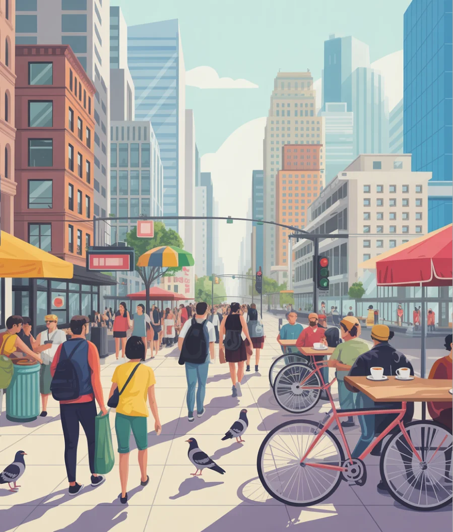 AI generated cityscape illustration with people walking and cycling – modern urban art from AI Illustration Generator