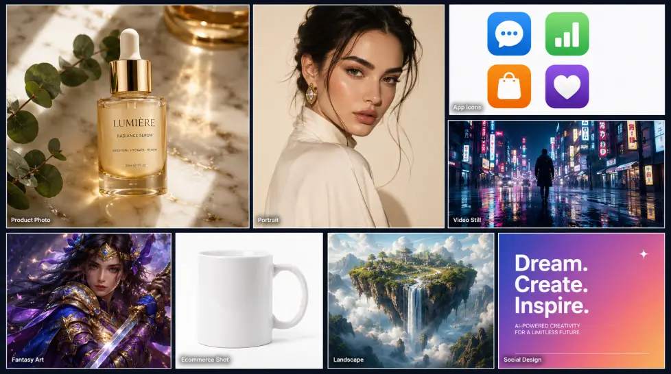 Dynamic AI creative workflow grid showcasing eight content types, including luxury product photography, editorial portrait, app icons, cinematic video still, fantasy character art, ecommerce mug shot, floating island landscape, and social media design.