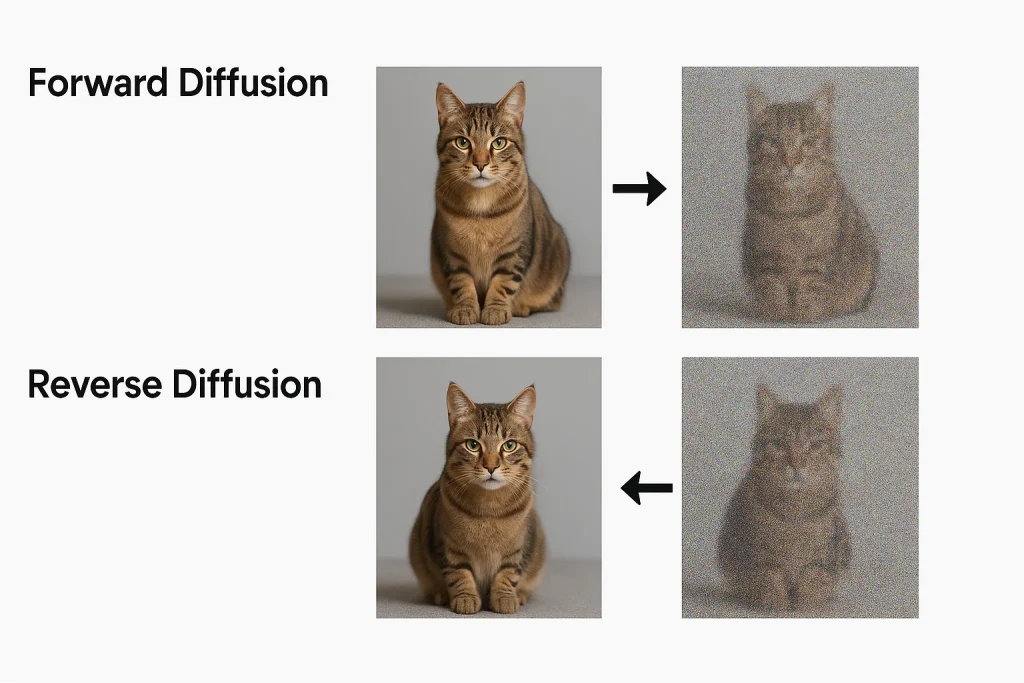 Visual explanation of AI diffusion process showing how noise gradually transforms into a clear image during image generation.
