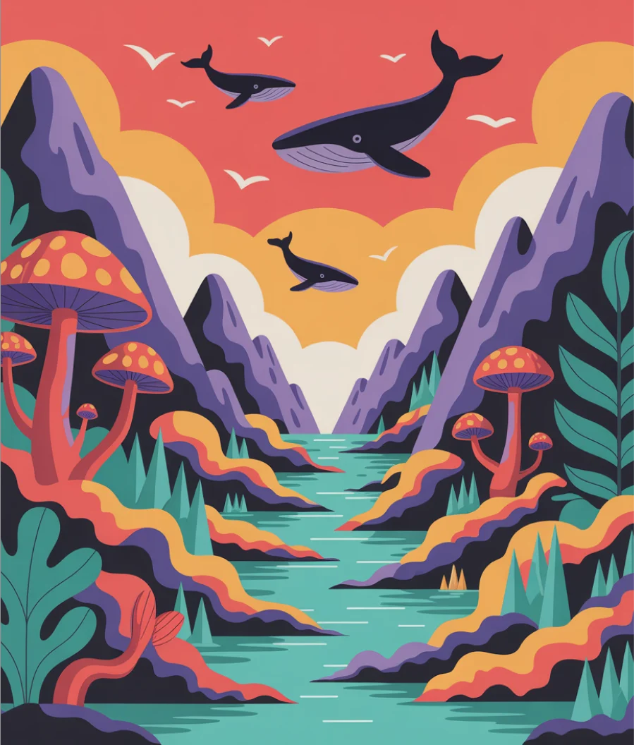 Fantasy landscape with whales, mushrooms, and colorful hills – surreal scenery made by AI Illustration Generator