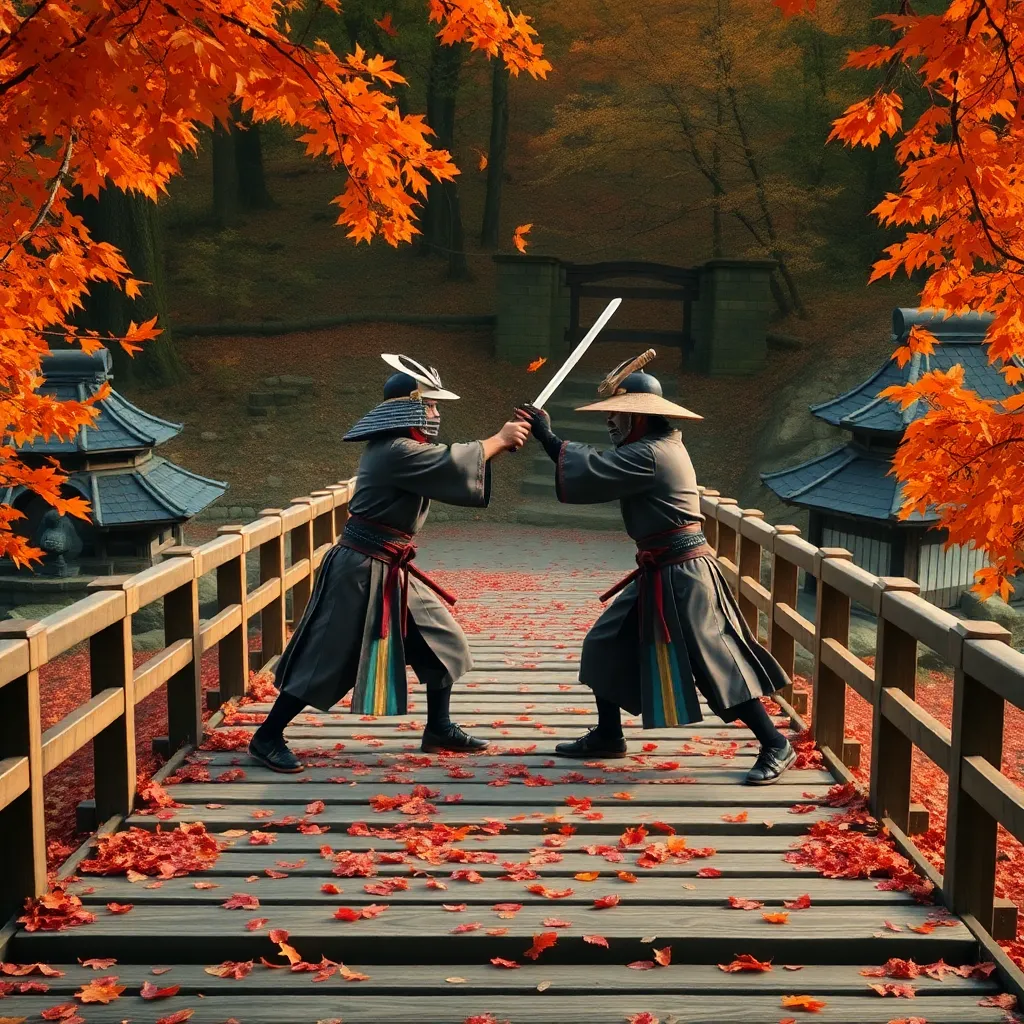 Two samurai warriors face off on a wooden bridge, surrounded by autumn leaves.