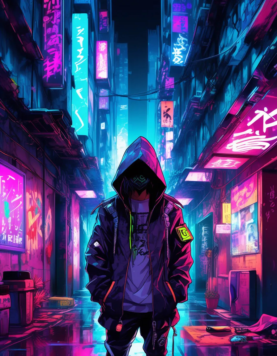 A hooded figure walks through a neon-lit city street, casting a mysterious silhouette.