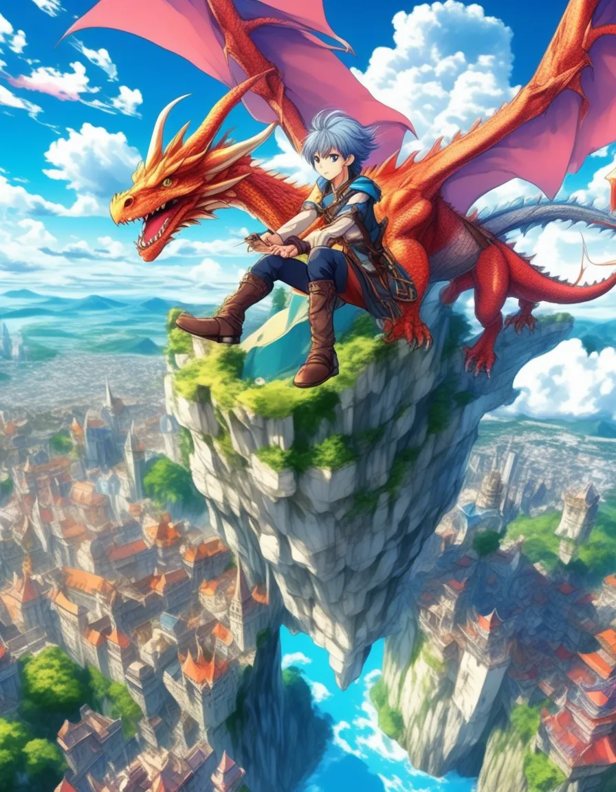 A young person rides a majestic dragon through a vibrant fantasy landscape.