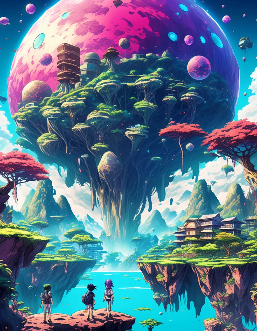 A group of people explore a whimsical world with floating islands and colorful creatures.