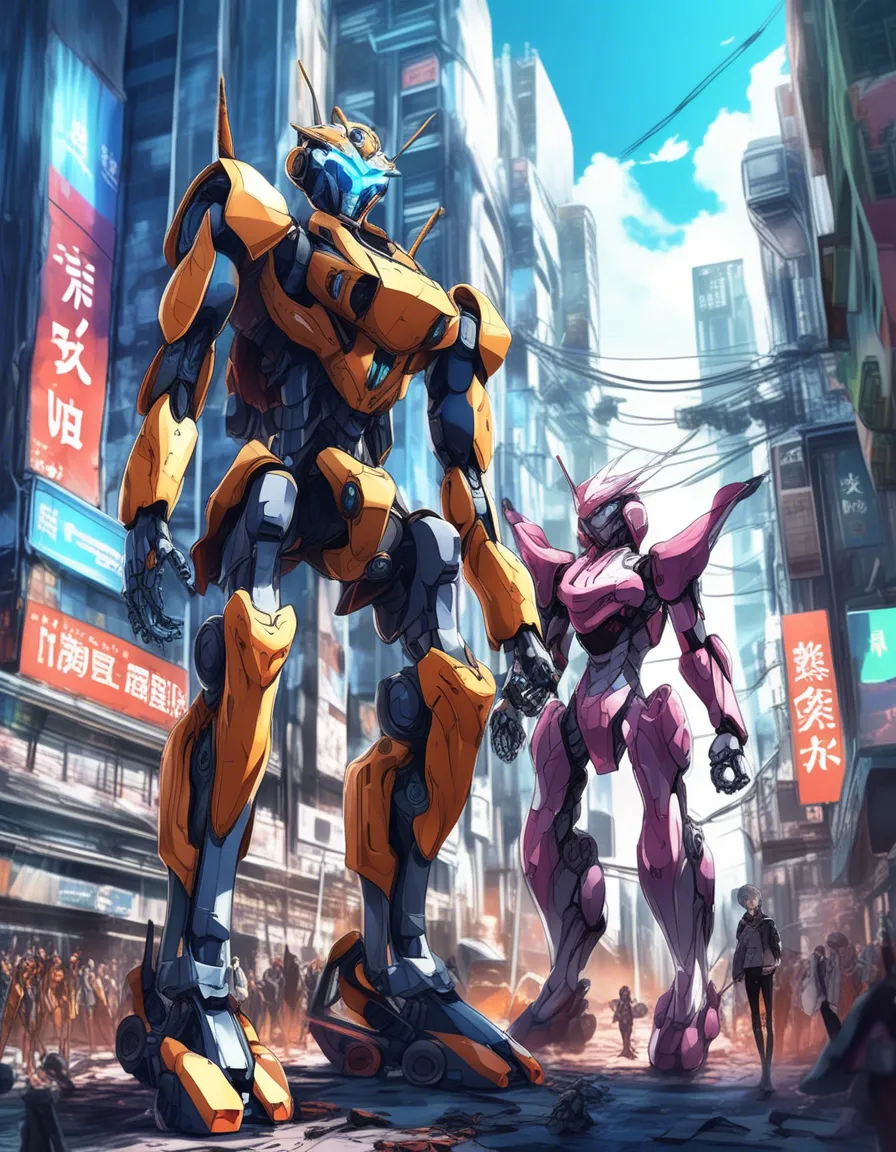 A giant robot stands tall in a futuristic city skyline, with a smaller pilot figure inside.