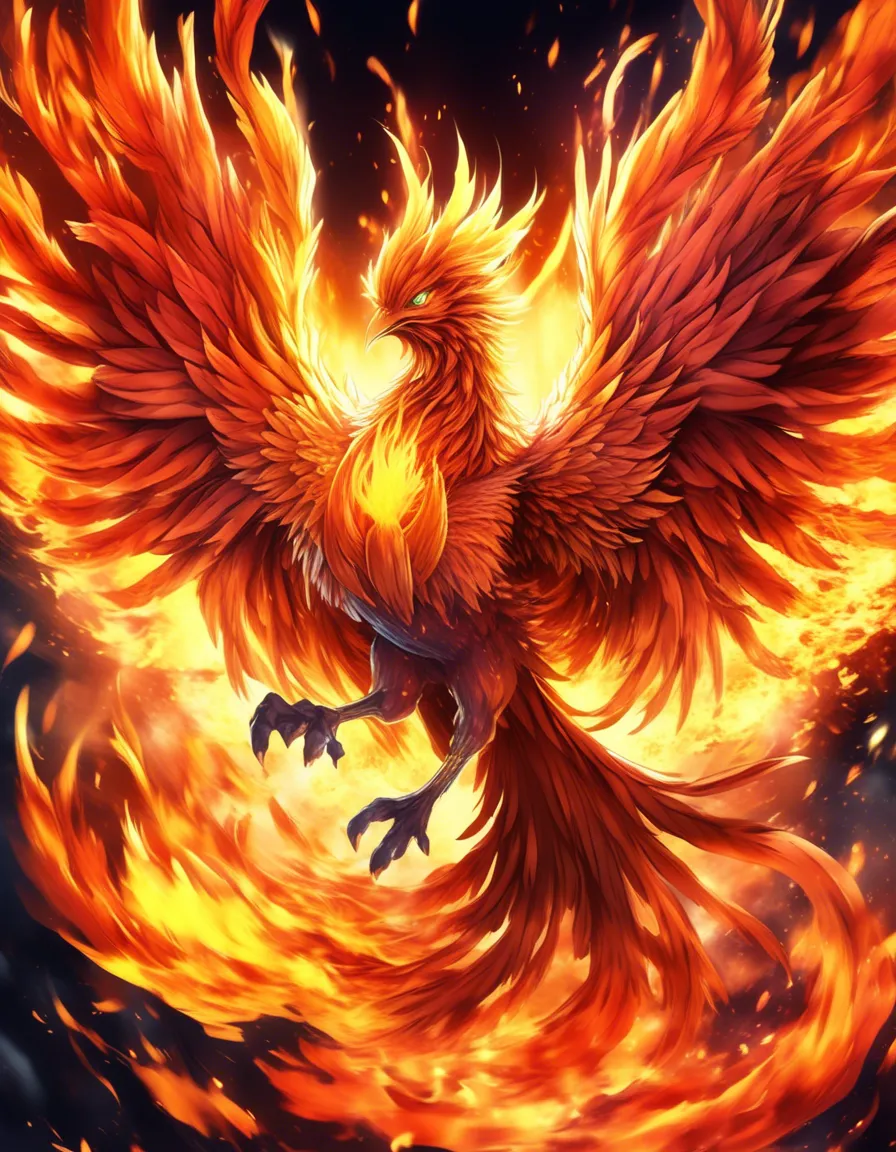 A phoenix in full flight, its wings ablaze with vibrant colors.