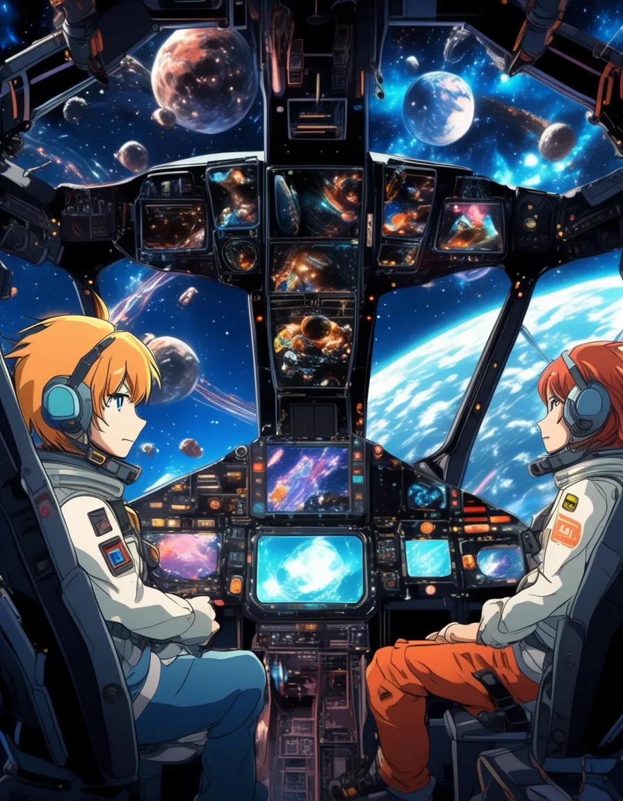 A group of anime characters in a futuristic spaceship, looking out at a vast cosmos.