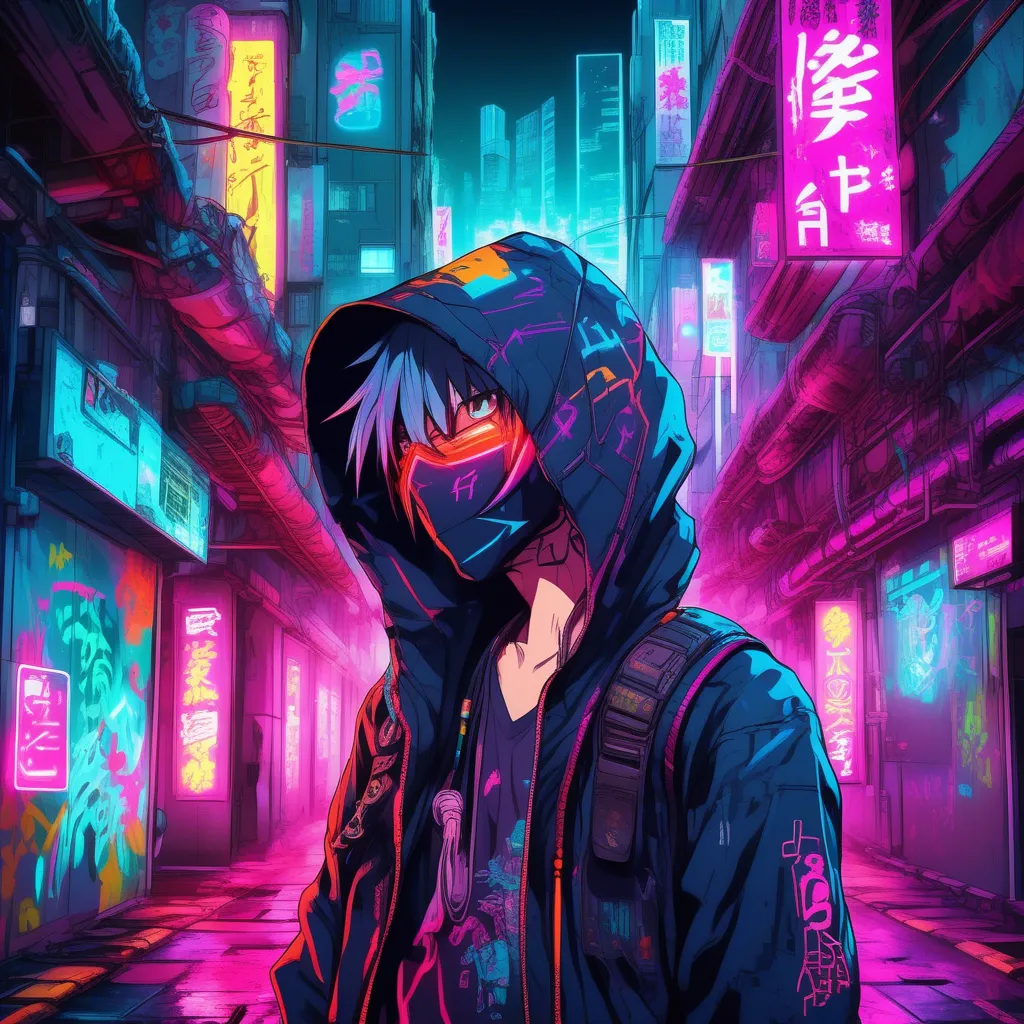 A hooded figure walks through a neon-lit city street, casting a mysterious silhouette.