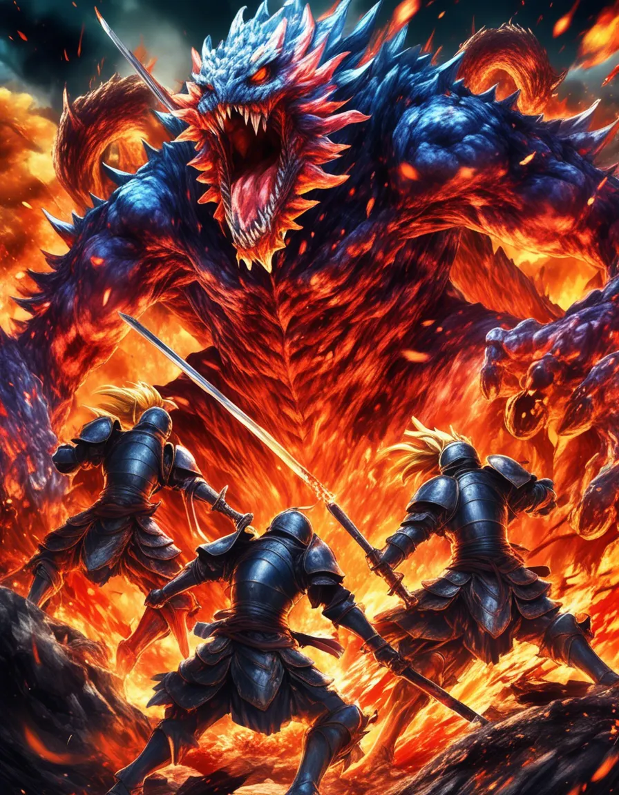 A fiery dragon battles a group of warriors in a dramatic scene.