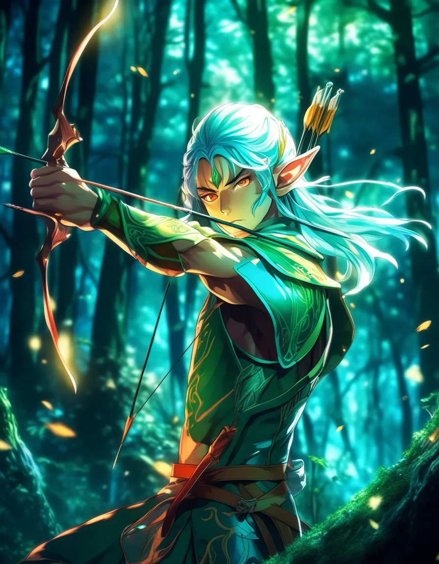 A female archer emerges from a shadowy forest, her bow drawn and arrow aimed.