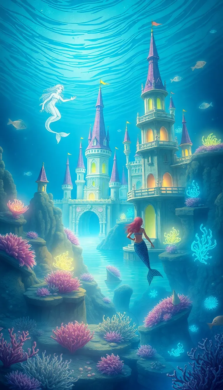 A majestic castle towers over a vibrant, underwater city, with a magical glow illuminating the scene.