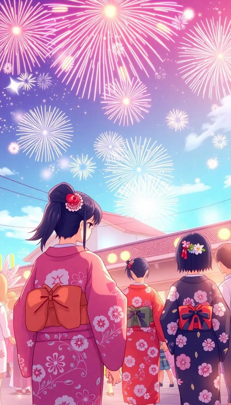 A woman in a traditional Japanese kimono gazes at a stunning fireworks display over a city skyline.