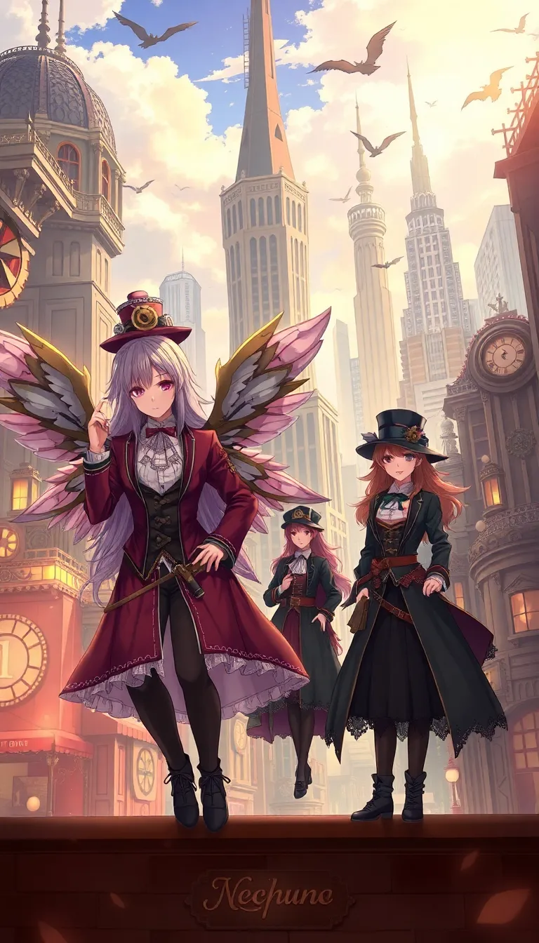 A group of anime characters standing on a rooftop overlooking a futuristic city.