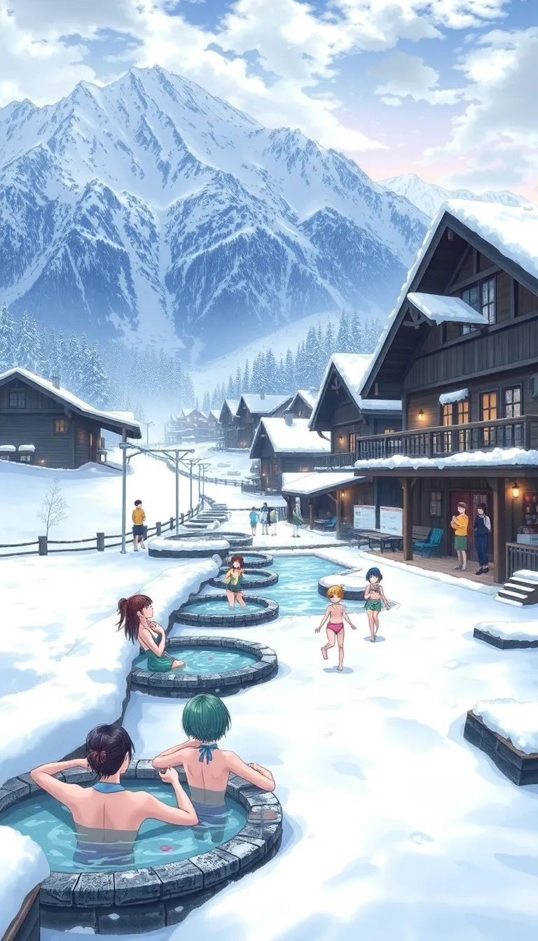 People relaxing in a hot spring surrounded by snow-capped mountains.