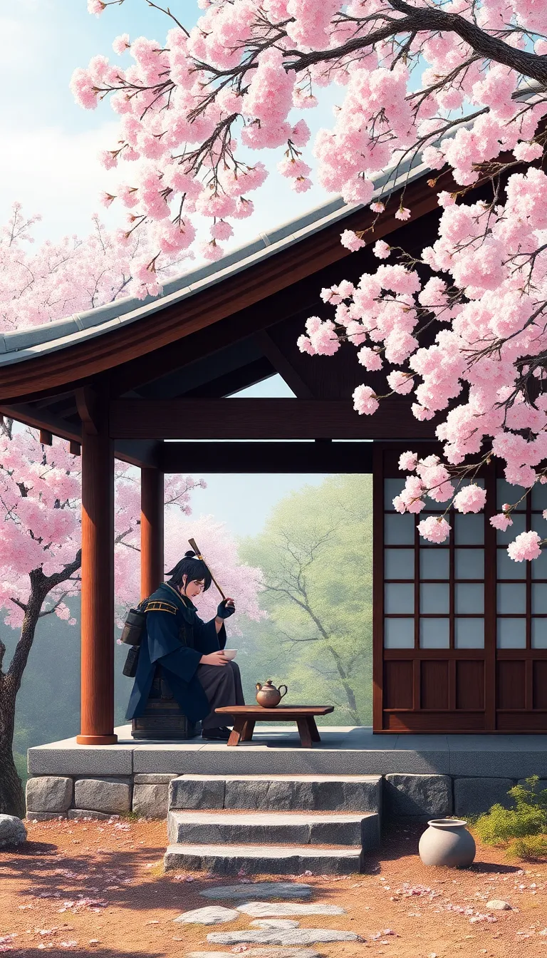 A serene scene with a person enjoying tea under a blooming cherry blossom tree.